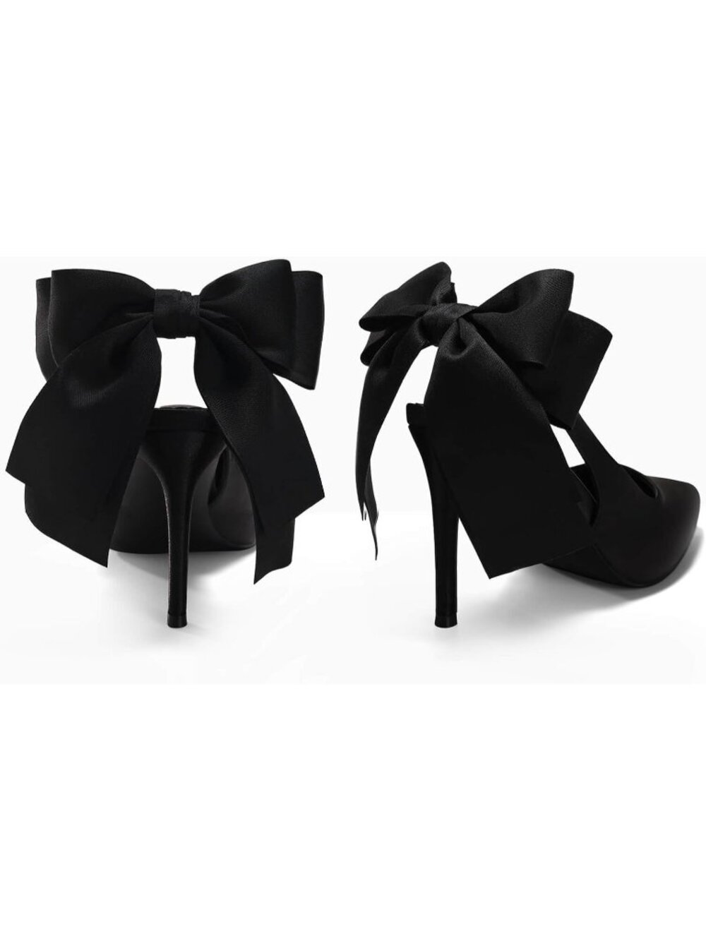 Women's Black Slingback High Heels with Bow Closed Pointed Toe Dress Satin Pumps - Picture 5 of 6